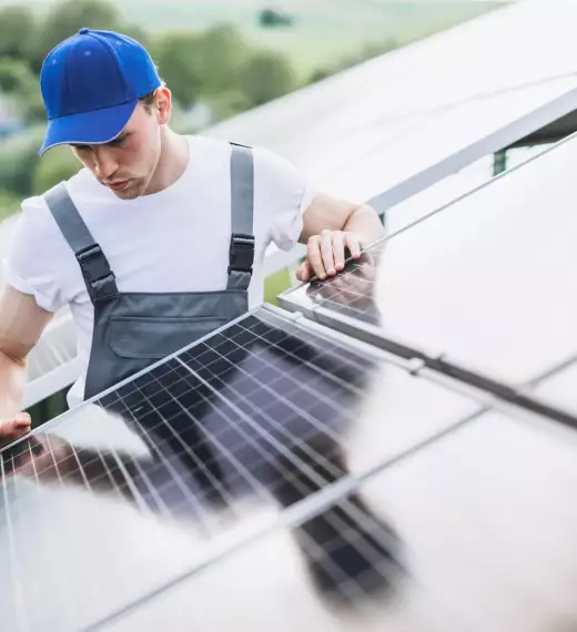 Man worker in the firld by the solar panels